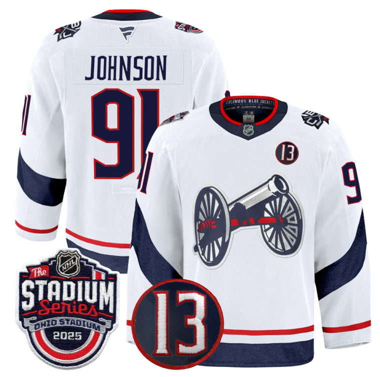 Men Kent Johnson Jersey #91 Columbus Blue Jackets 2025 Stadium Series White