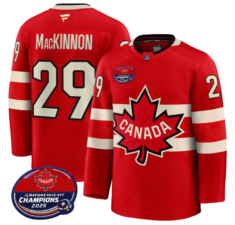 Men Nathan MacKinnon Jersey #29 Canada 4 Nations Face-Off 2025 Champions V2 Red