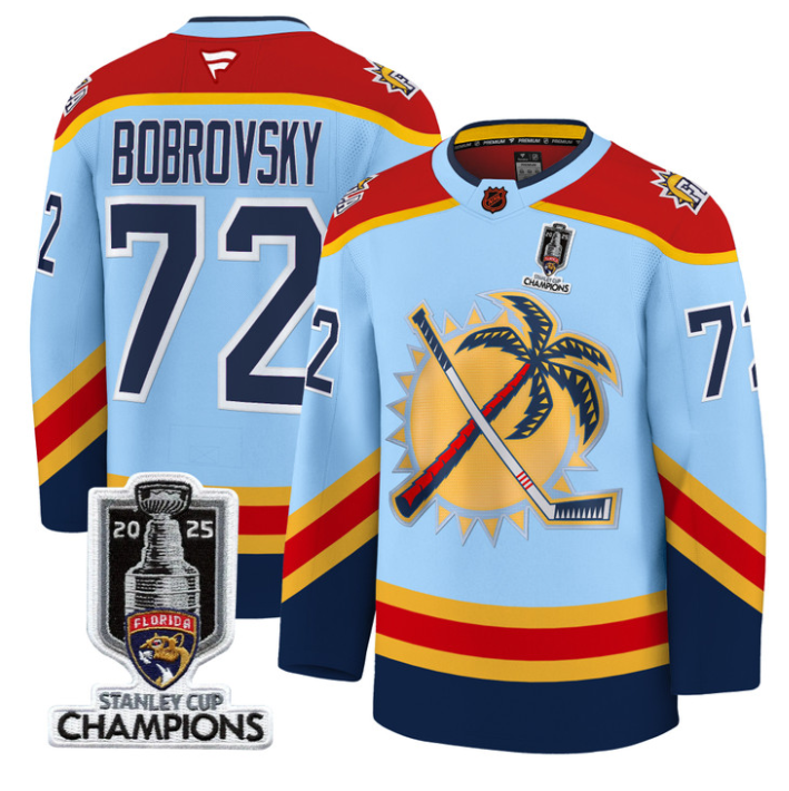 Men Sergei Bobrovsky Jersey #72 Florida Panthers 2025 Stanley Cup Champions Blue