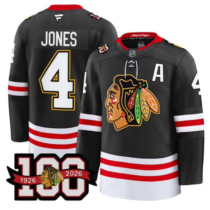 Men Seth Jones Jersey #4 Chicago Blackhawks 100th Anniversary Stitched Black