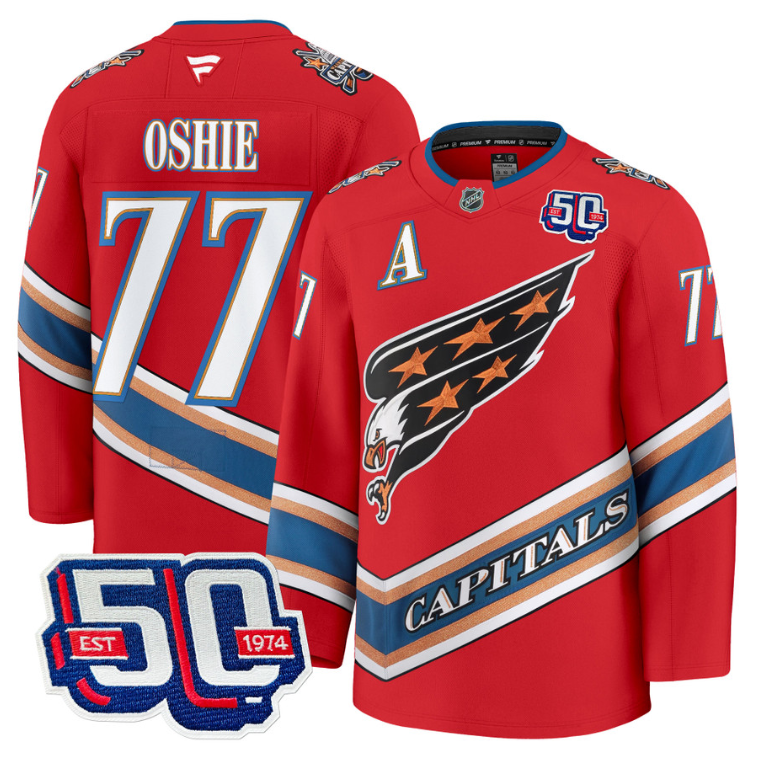 Men TJ Oshie Jersey #77 Washington Capitals Eagle 50th Anniversary Red
