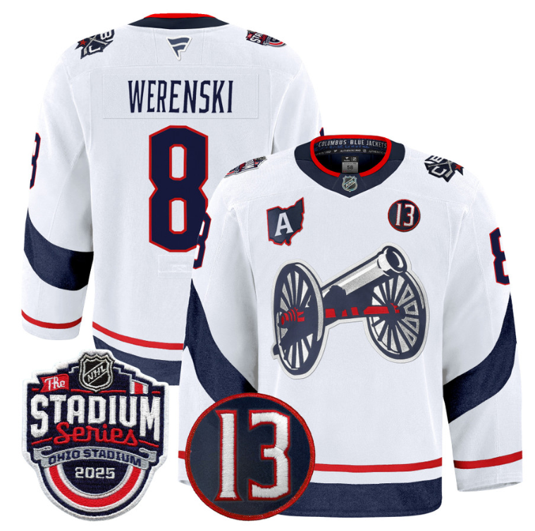 Men Zach Werenski Jersey #8 Columbus Blue Jackets 2025 Stadium Series White