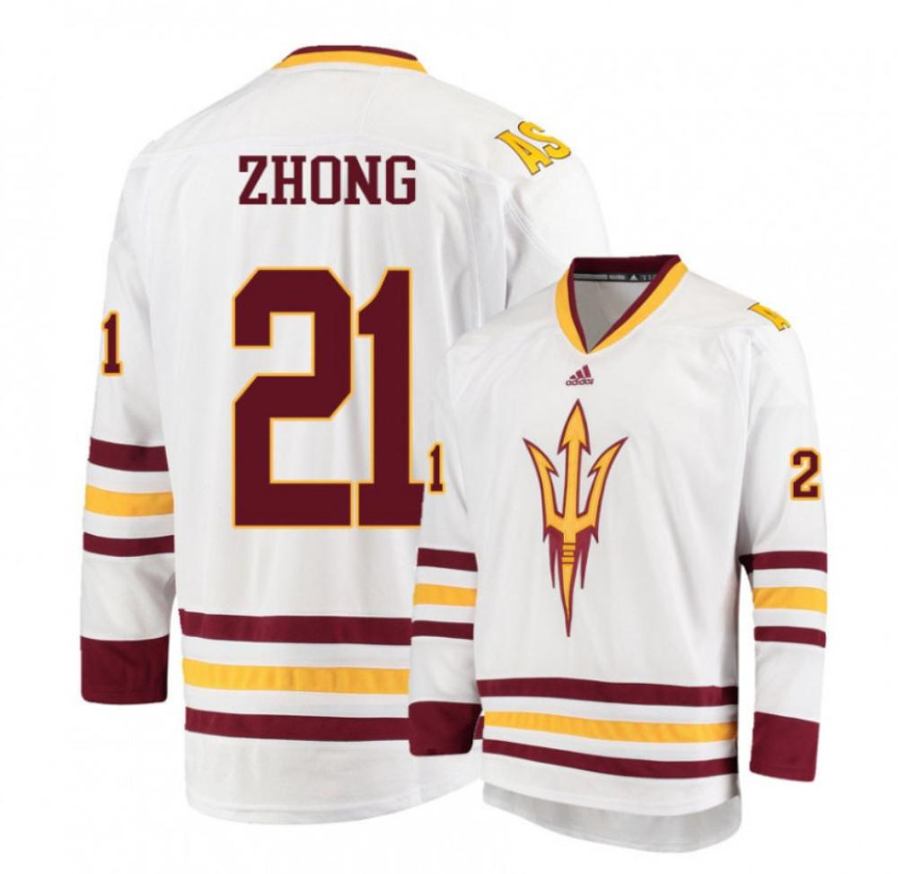 Men's Arizona State Sun Devils #21 Peter Zhong Hockey All Stitched White Jersey