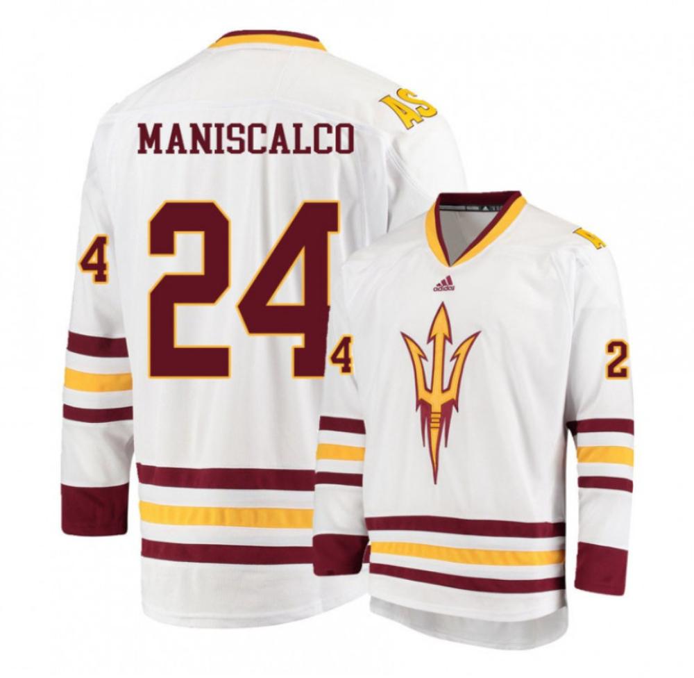Men's Arizona State Sun Devils #24 J. Maniscalco Hockey Stitched White Jersey
