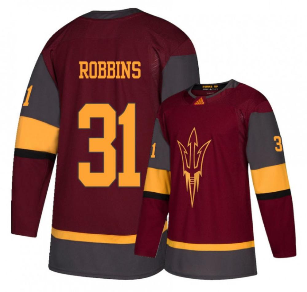 Men's Arizona State Sun Devils #31 Justin Robbins Hockey Stitched Maroon Jersey