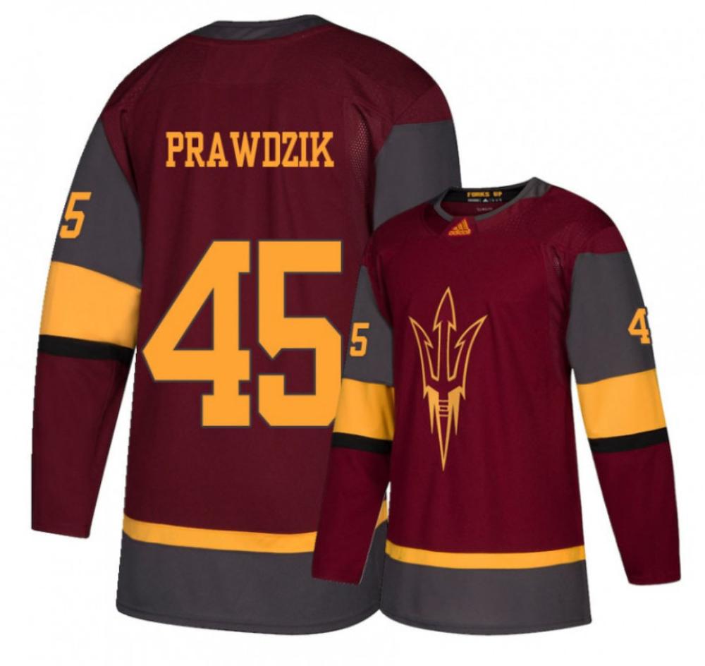 Men's Arizona State Sun Devils #45 Max Prawdzik Hockey Stitched Maroon Jersey