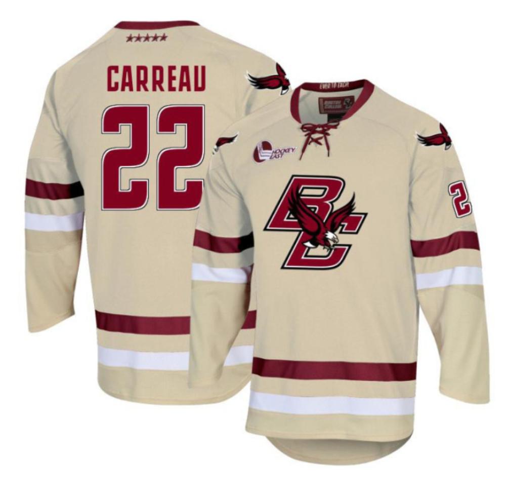 Men's Boston College Eagles Casey Carreau #22 Hockey All Stitched Cream Jersey