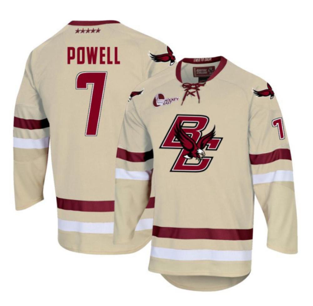 Men's Boston College Eagles Eamon Powell #7 Hockey All Stitched Cream Jersey