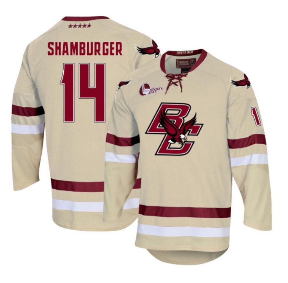 Men's Boston College Eagles Gentry Shamburger #14 Hockey Stitched Gold Jersey