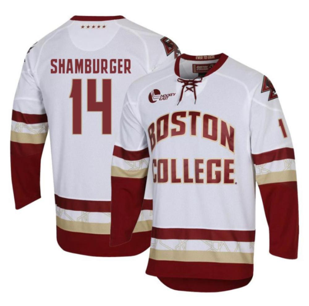 Men's Boston College Eagles Gentry Shamburger #14 Hockey Stitched White Jersey