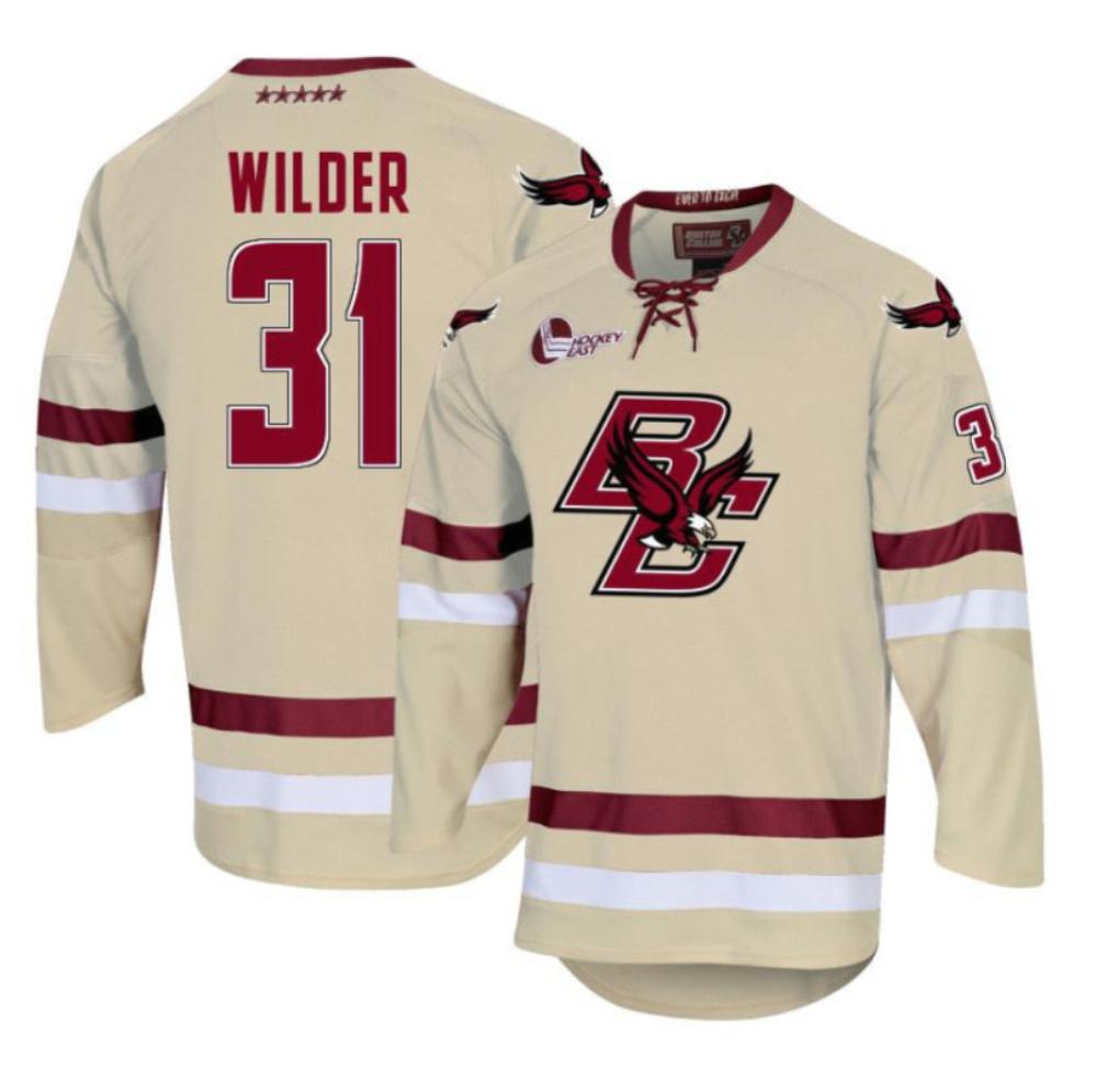Men's Boston College Eagles Henry Wilder #31 Hockey All Stitched Cream Jersey
