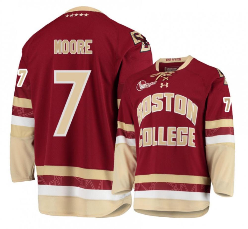 Men's Boston College Eagles #7 Connor Moore Hockey All Stitched Maroon Jersey