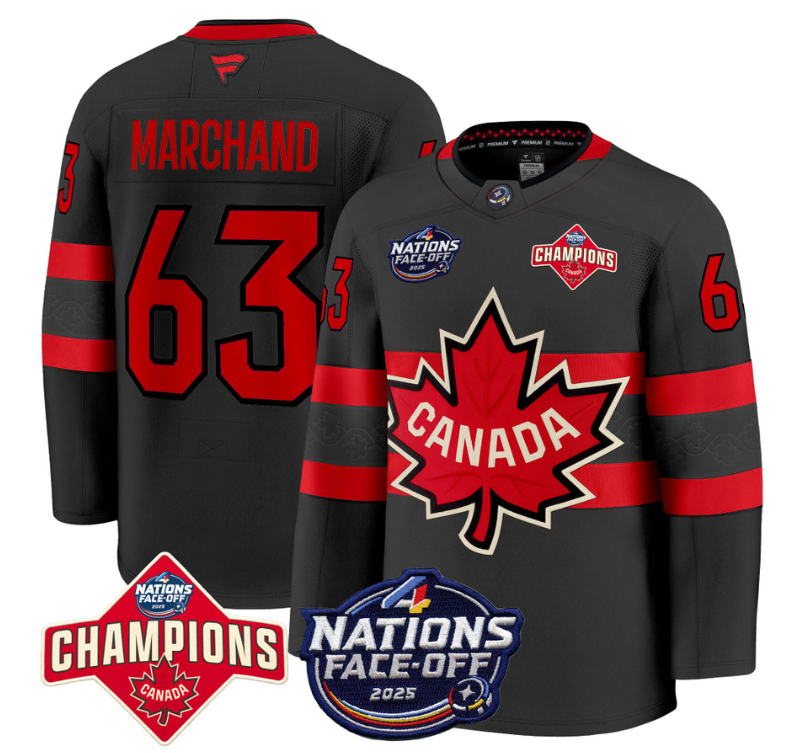 Men's Brad Marchand Jersey #63 Canada 4 Nations Face-Off 2025 Champions Black