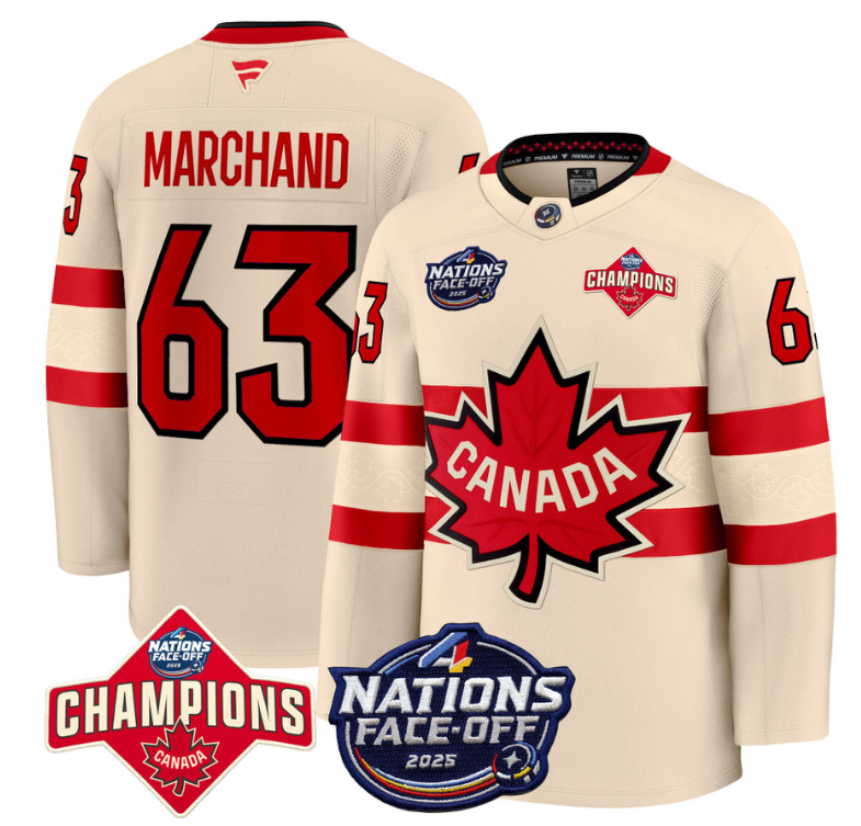 Men's Brad Marchand Jersey #63 Canada 4 Nations Face-Off 2025 Champions Cream