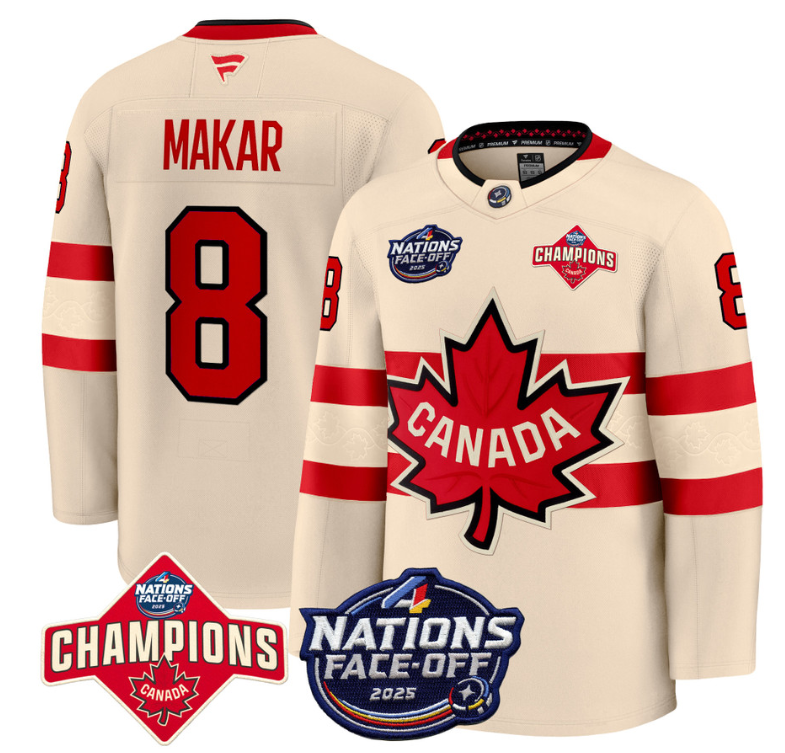 Men's Cale Makar Jersey #8 Canada 4 Nations Face-Off 2025 Champions Cream