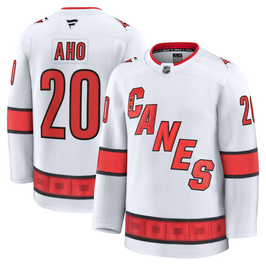 Men's Carolina Hurricanes #20 Sebastian Aho Away Premium Jersey White