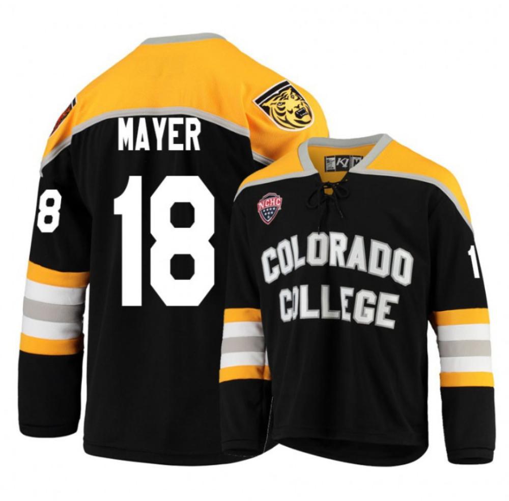 Men's Colorado College Tigers #18 Connor Mayer Hockey Stitched Black Gold Jersey
