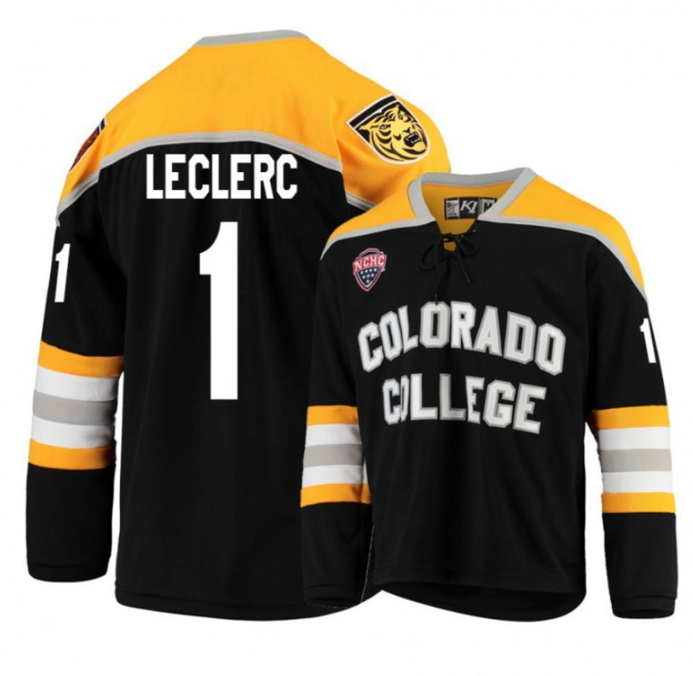 Men's Colorado College Tigers #1 Alex Leclerc Hockey Stitched Black Gold Jersey