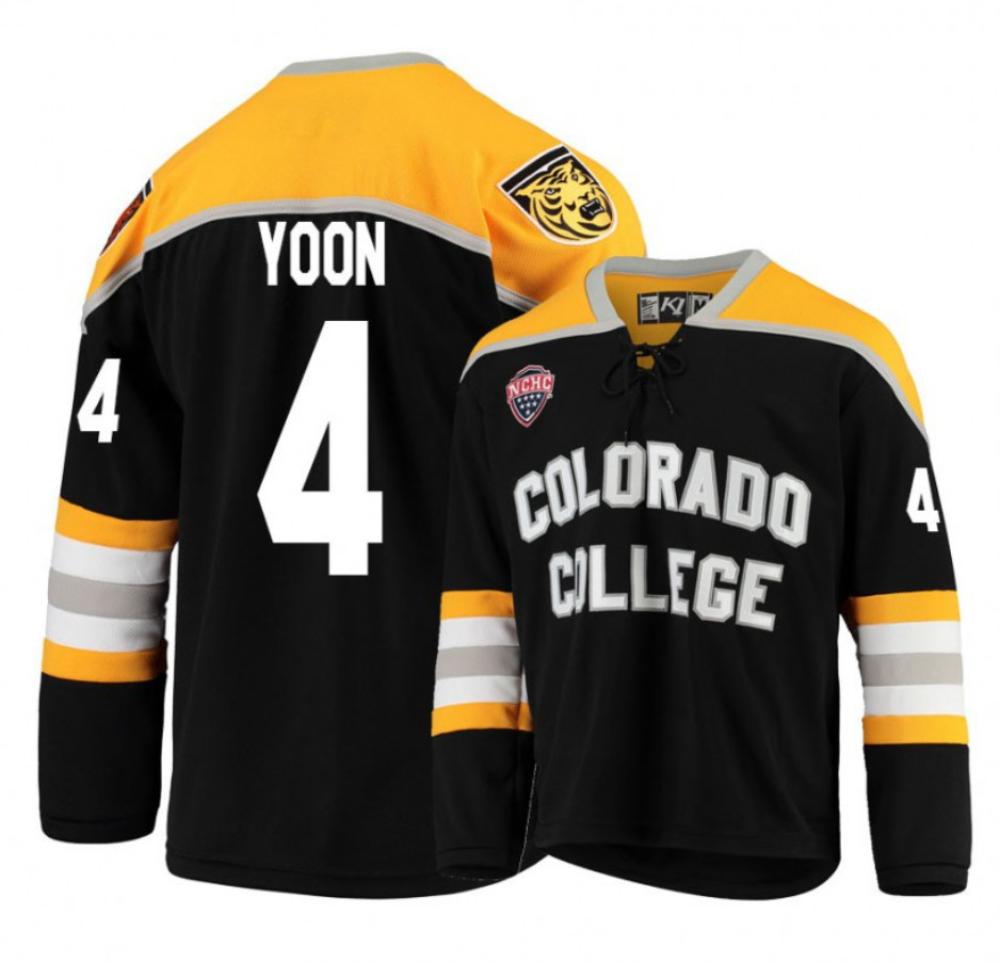 Men's Colorado College Tigers #4 Bryan Yoon Hockey Stitched Black Gold Jersey
