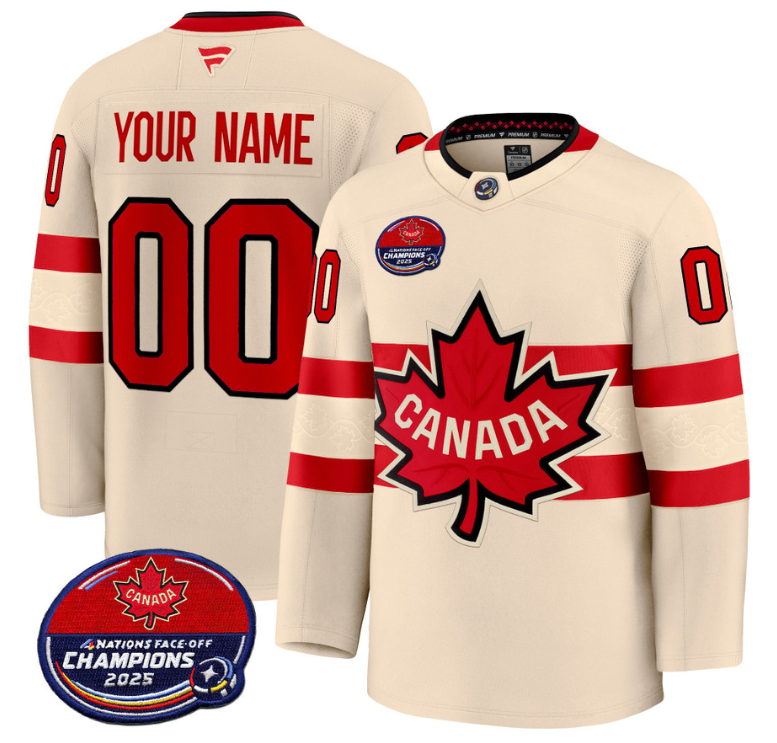 Men's Custom Canada Jersey 4 Nations Face-Off 2025 Champions V2 Stitched Cream