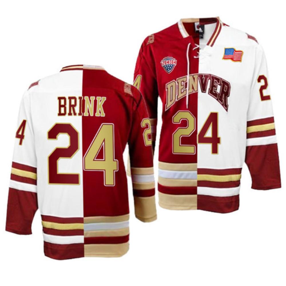 Men's Denver Pioneers Bobby Brink Jersey #24 College Hockey Crimson White Split
