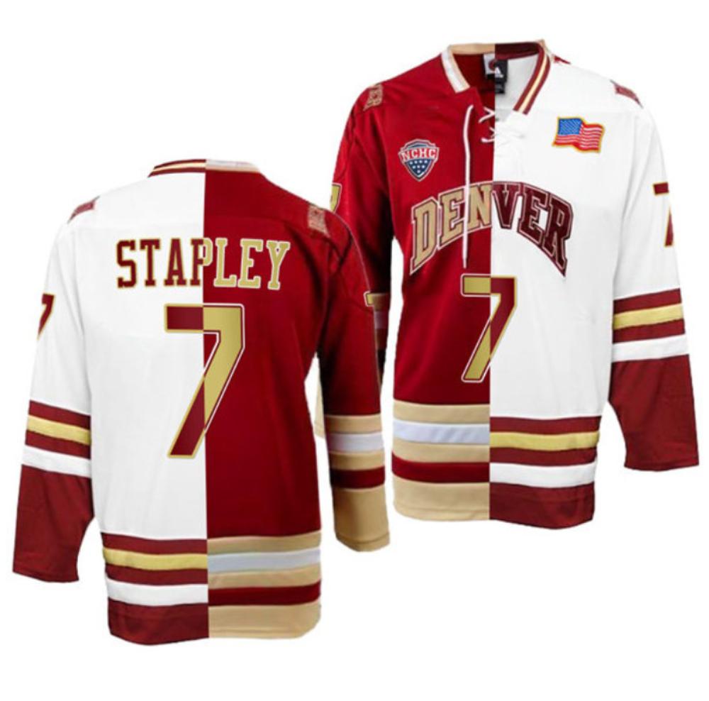 Men's Denver Pioneers Brett Stapley Jersey #7 College Hockey Crimson White Split