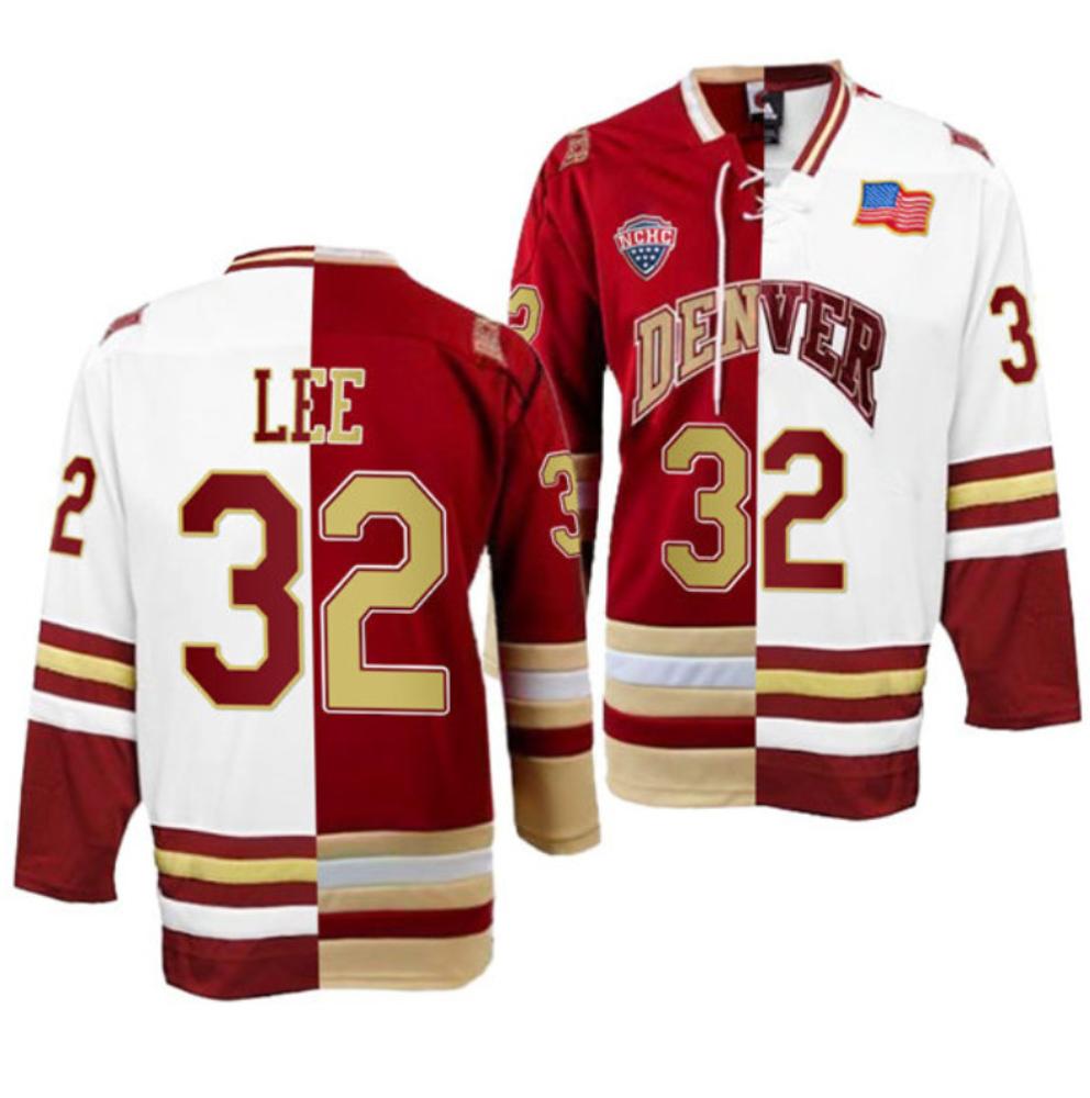 Men's Denver Pioneers Justin Lee Jersey #32 College Hockey Crimson White Split