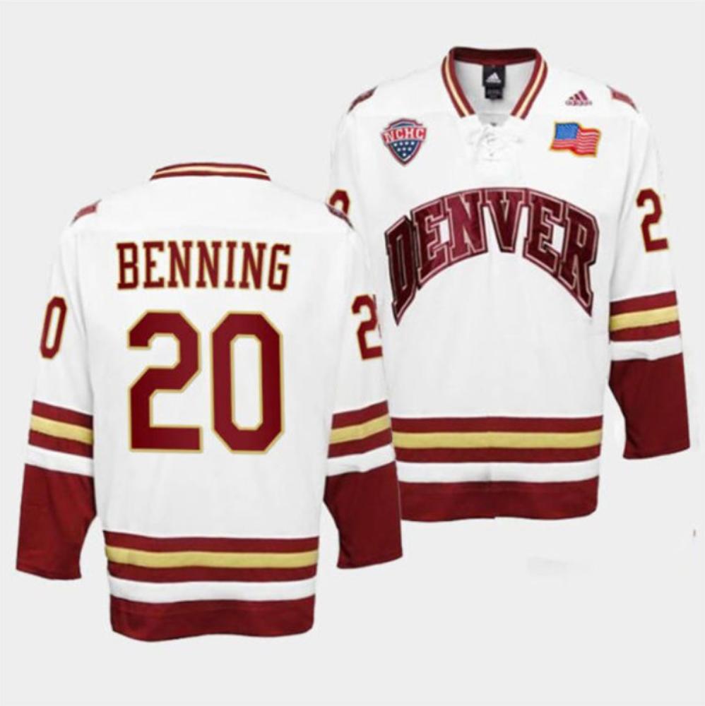 Men's Denver Pioneers #20 Mike Benning College Hockey Stitched White Jersey