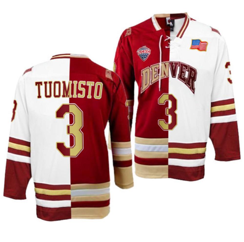Men's Denver Pioneers #3 Antti Tuomisto College Hockey All Stitched Split Jersey