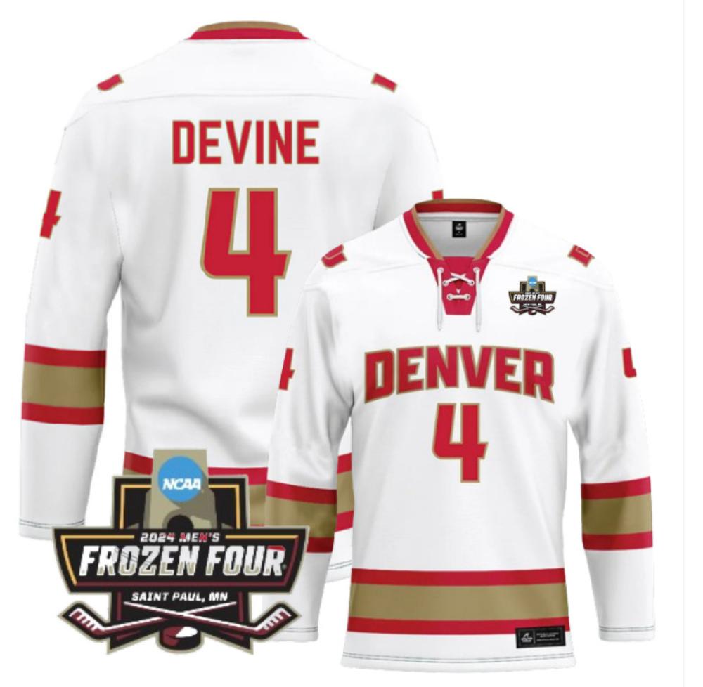 Men's Denver University (D) NCAA Ice Hockey Jack Devine Jersey #4 White
