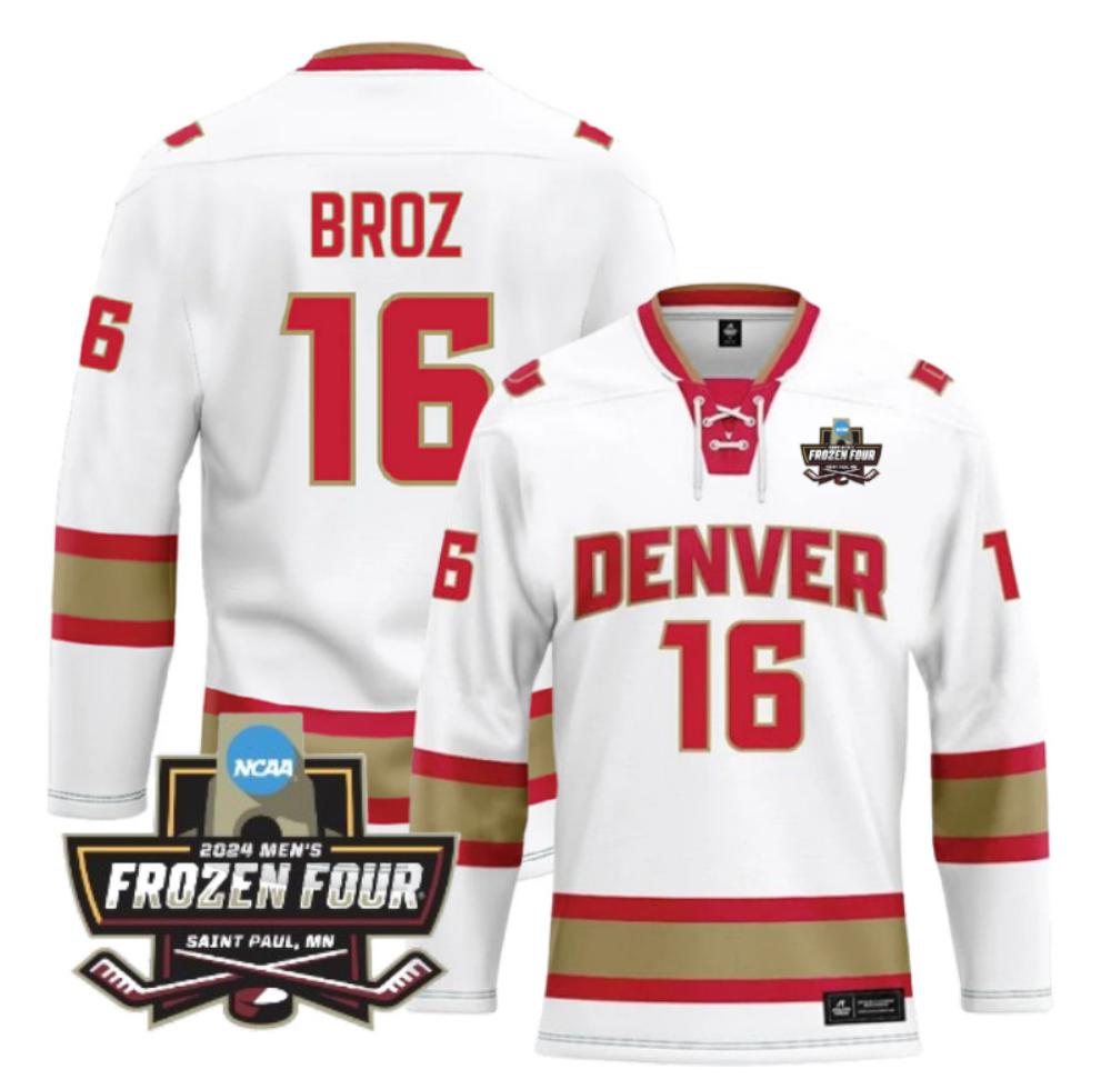 Men's Denver University (D) NCAA Ice Hockey Tristan Broz Jersey #16 White