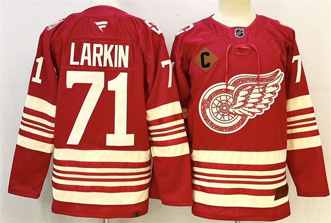 Men's Detroit Red Wings #71 Dylan Larkin Jersey Red 2025-26 With C Patch Centennial Premium Stitched