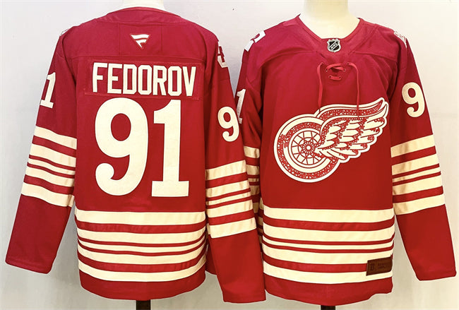 Men's Detroit Red Wings #91 Sergei Fedorov Jersey Red 2025-26 Centennial Premium Stitched