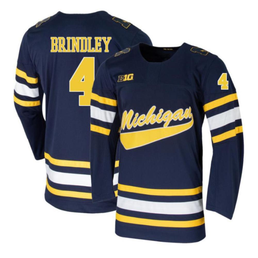 Men's Gavin Brindley #4 Michigan Wolverines College Hockey Stitched Navy Jersey