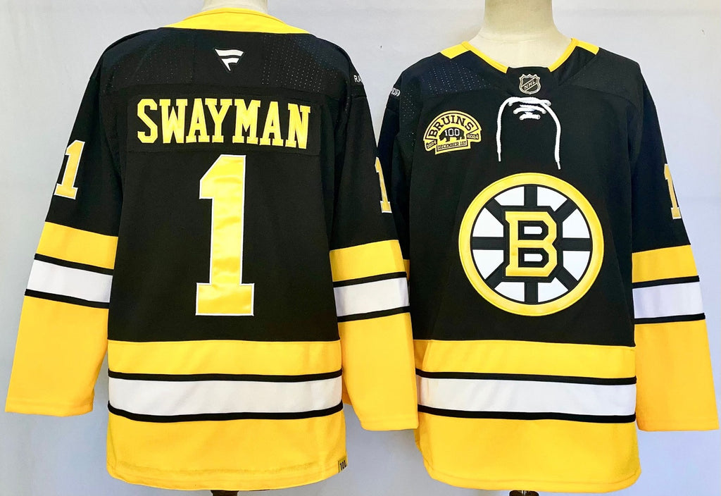 Men’s Jeremy Swayman Jersey #1 Boston Bruins 100th Anniversary Black Stitched