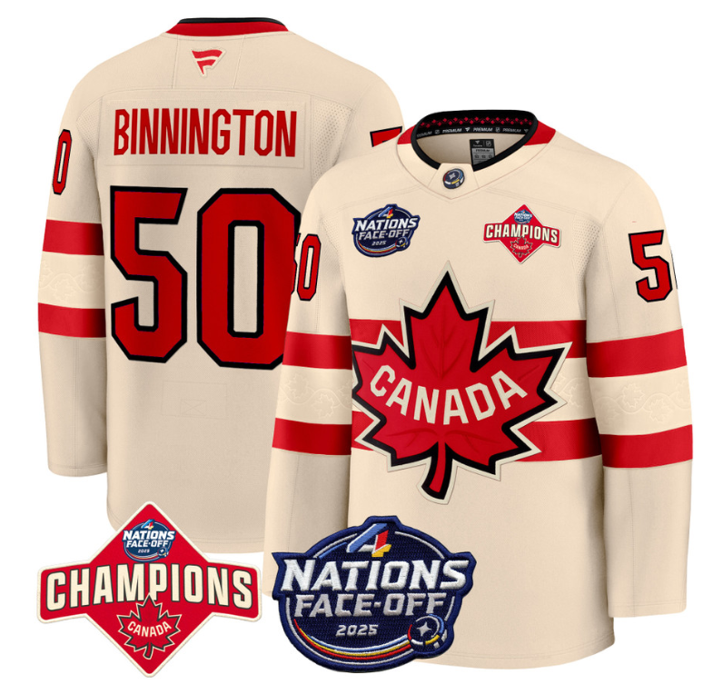 Men's Jordan Binnington Jersey #50 Canada 4 Nations Face-Off 2025 Champions Cream