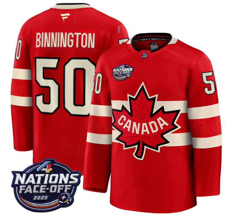 Men's Jordan Binnington Jersey #50 Red 2025 4 Nations Face-Off Stitched