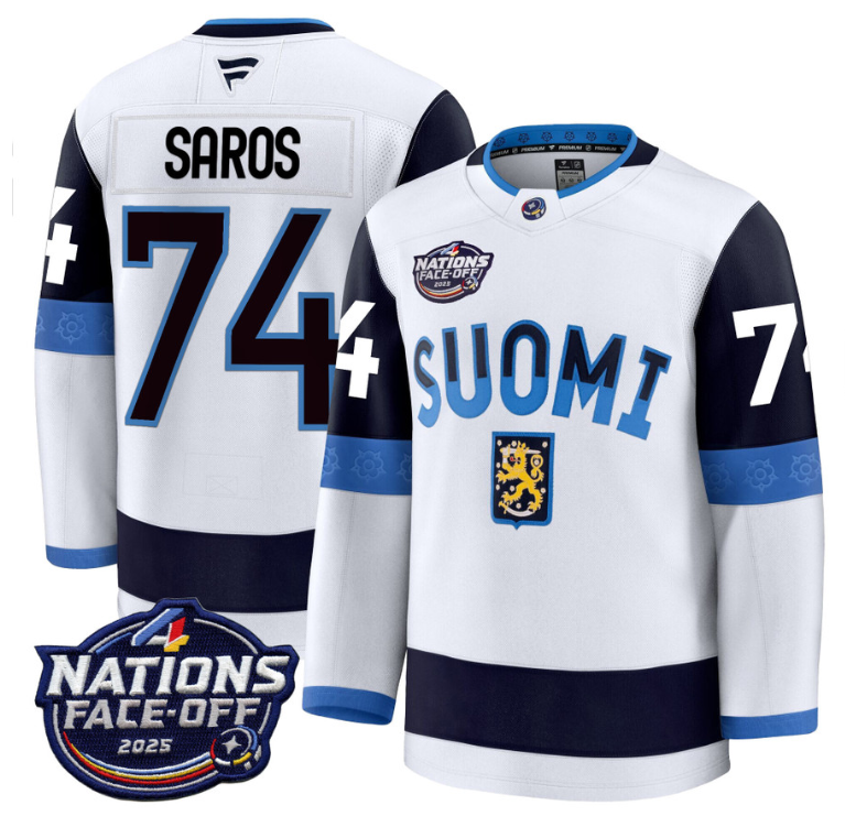 Men's Juuse Saros Jersey #74 Finland White 2025 4 Nations Face-Off Stitched