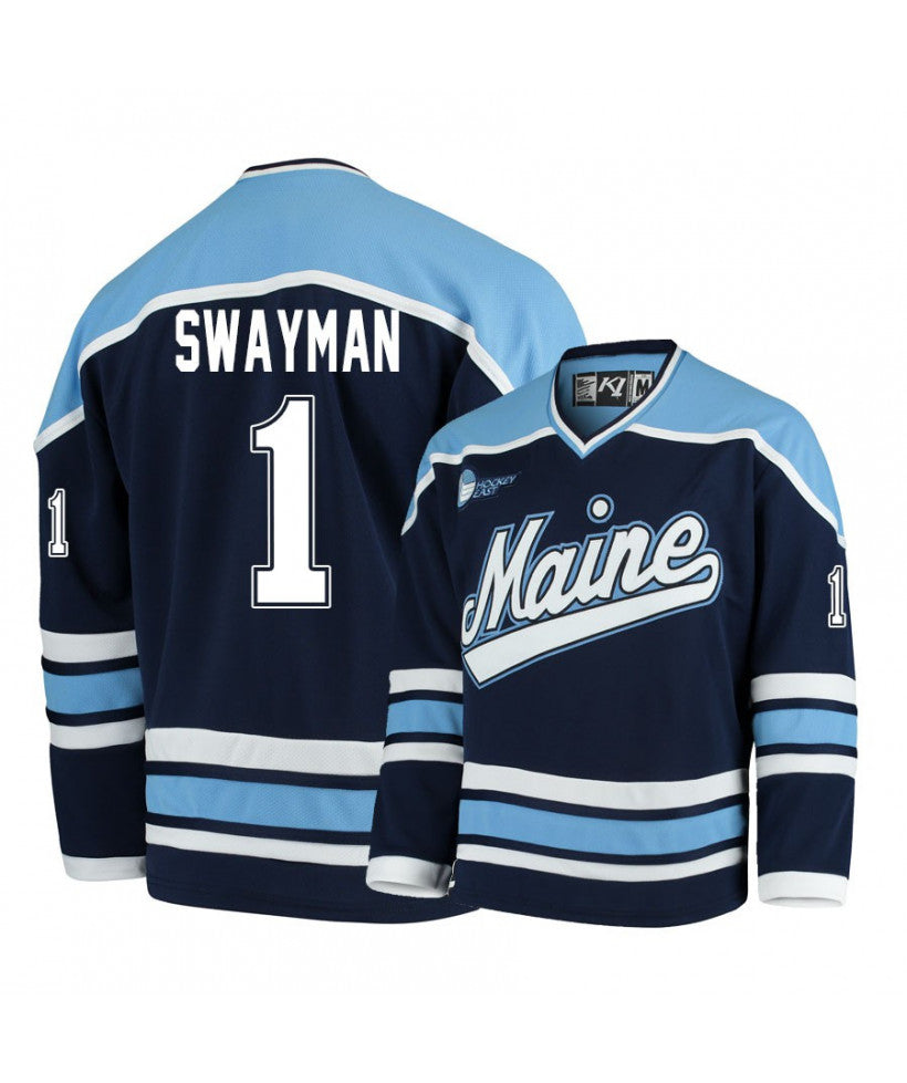 Men's Maine Black Bears 1 Jeremy Swayman Navy Blue Hockey Jersey