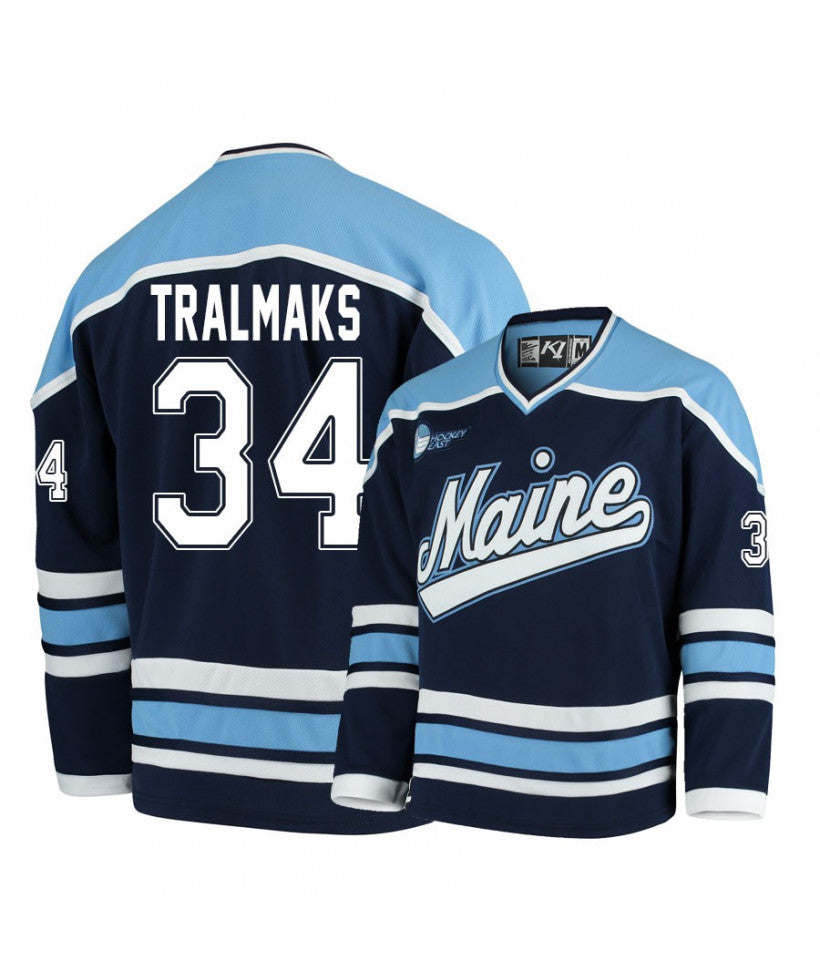 Men's Maine Black Bears 34 Eduards Tralmaks Navy Blue Hockey Jersey
