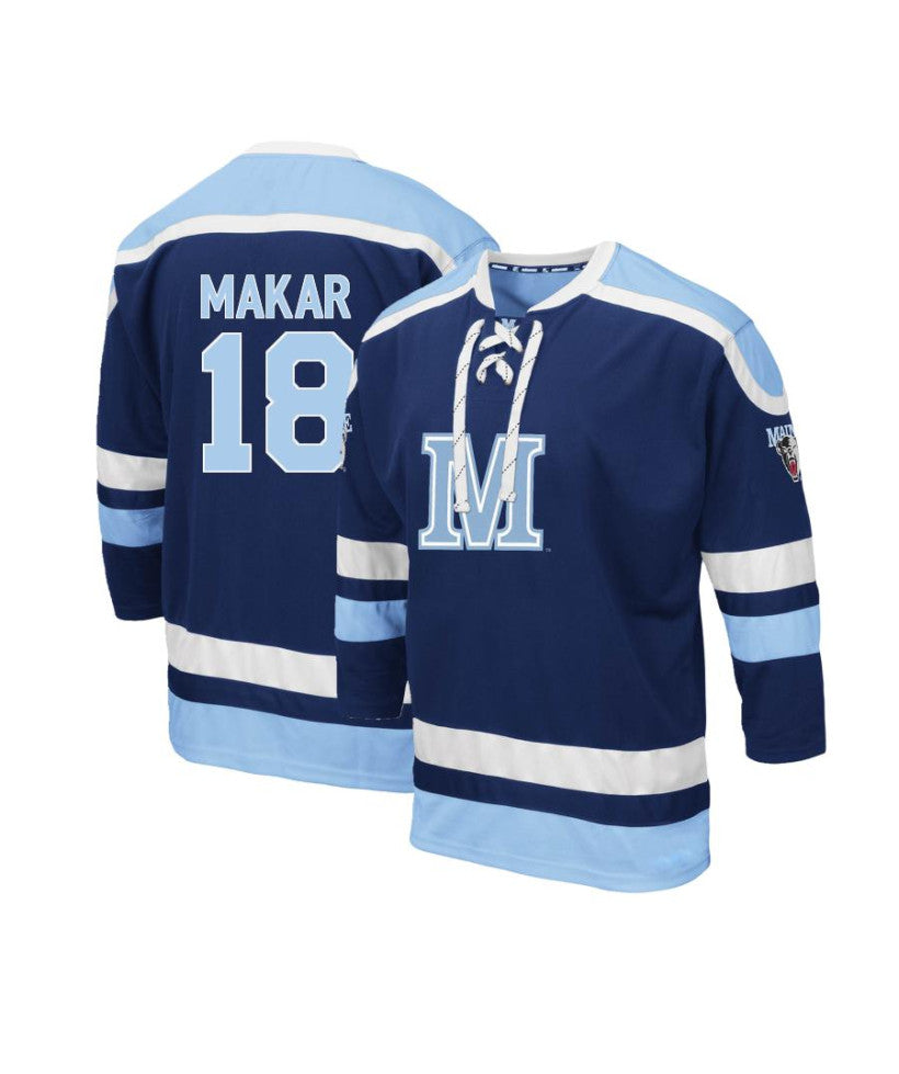 Men's Maine Black Bears #18 Taylor Makar Navy Blue Hockey Jersey