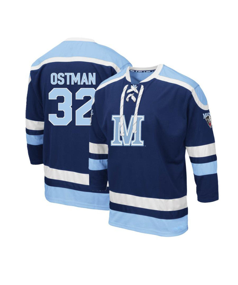 Men's Maine Black Bears #32 Victor Ostman Navy Blue Hockey Jersey