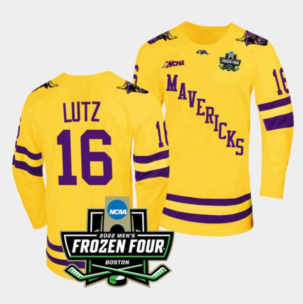 Men's Massachusetts Minutemen #16 Reggie Lutz Hockey All Stitched Gold Jersey