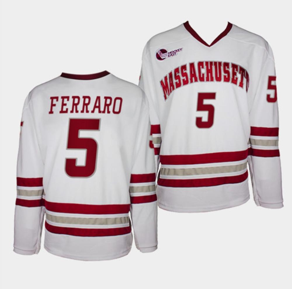Men's Massachusetts Minutemen #5 Mario Ferraro Hockey All Stitched White Jersey