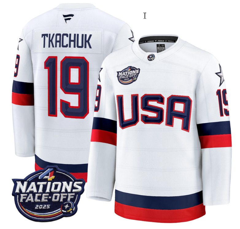 Men's Matthew Tkachuk Jersey #19 USA White 2025 4 Nations Face-Off Stitched