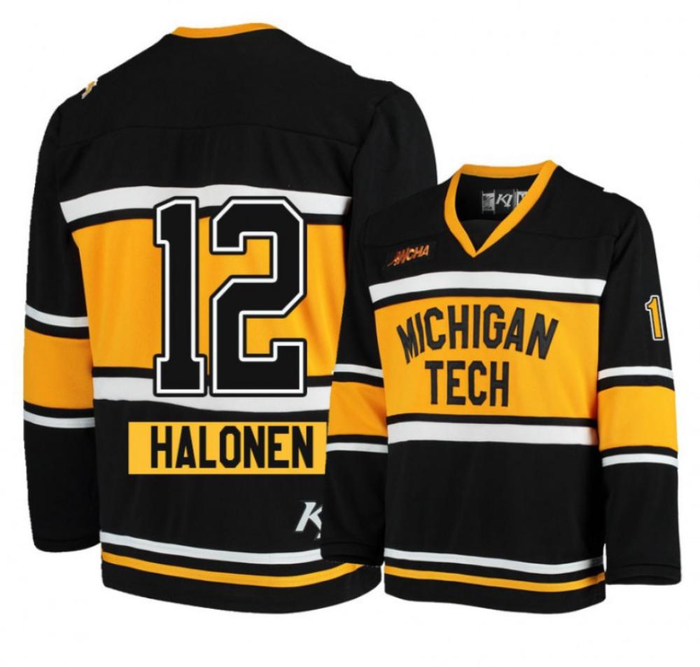 Men's Michigan Tech Huskies #12 Brian Halonen Hockey All Stitched Black Jersey