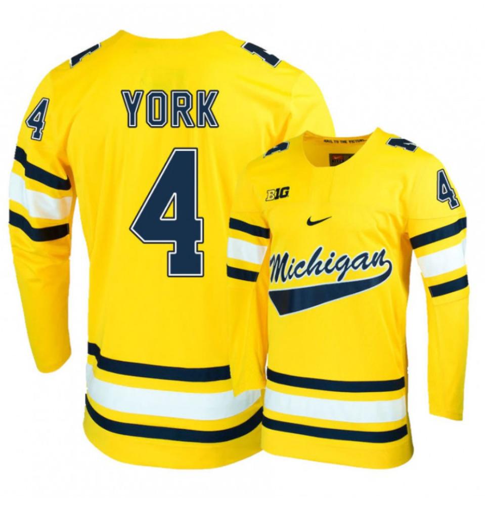 Men's Michigan Wolverines Cameron York #4 College Hockey Stitched Gold Jersey