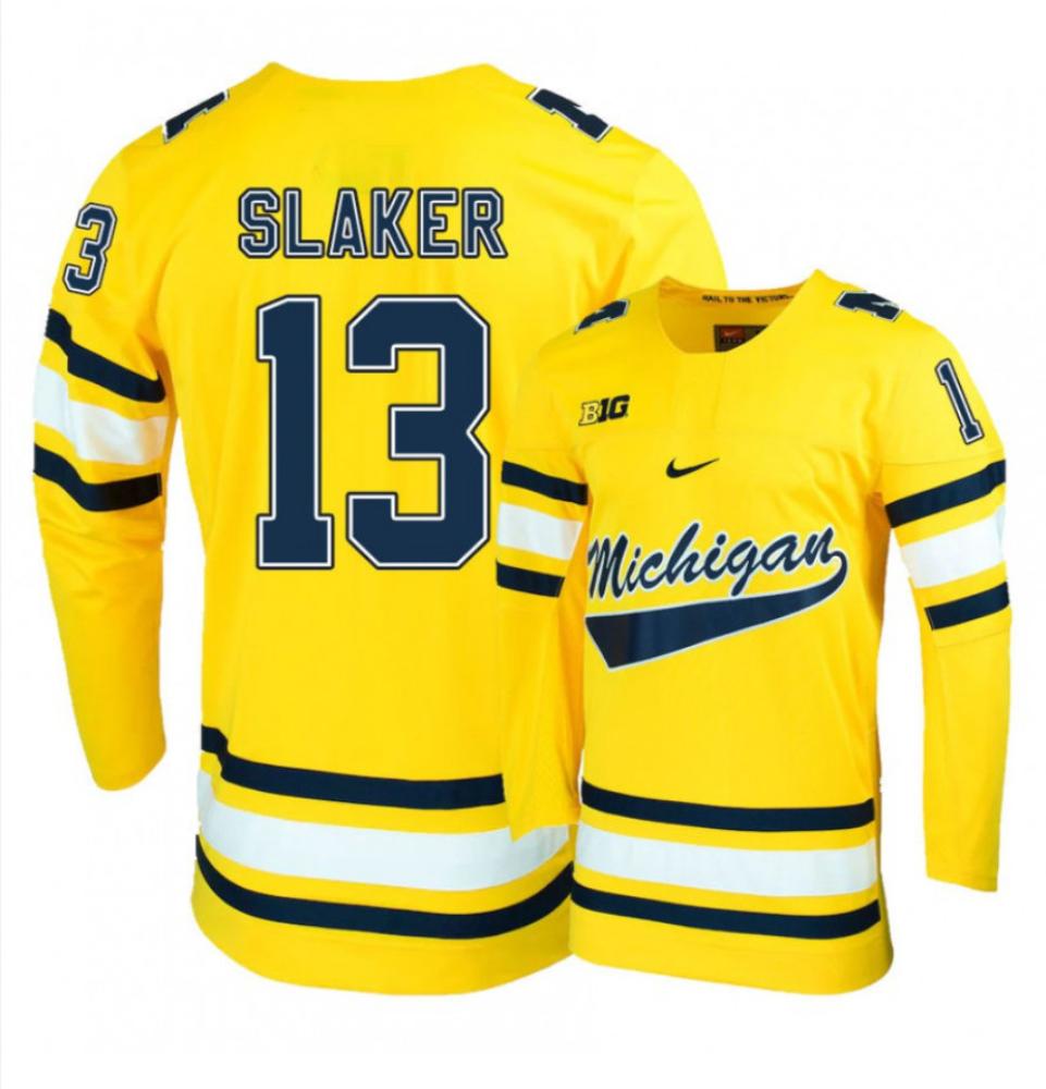 Men's Michigan Wolverines Jake Slaker #13 College Hockey Stitched Gold Jersey