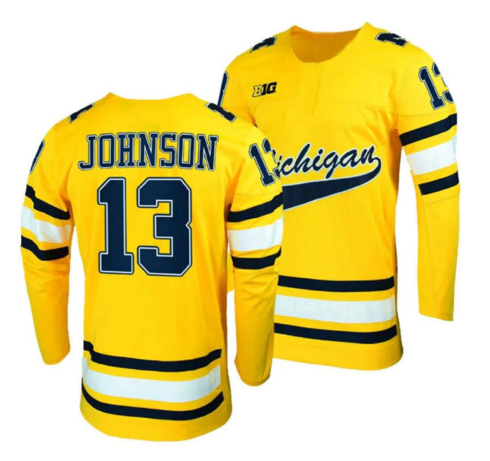 Men's Michigan Wolverines Jonhson #13 College Hockey Stitched Gold Jersey