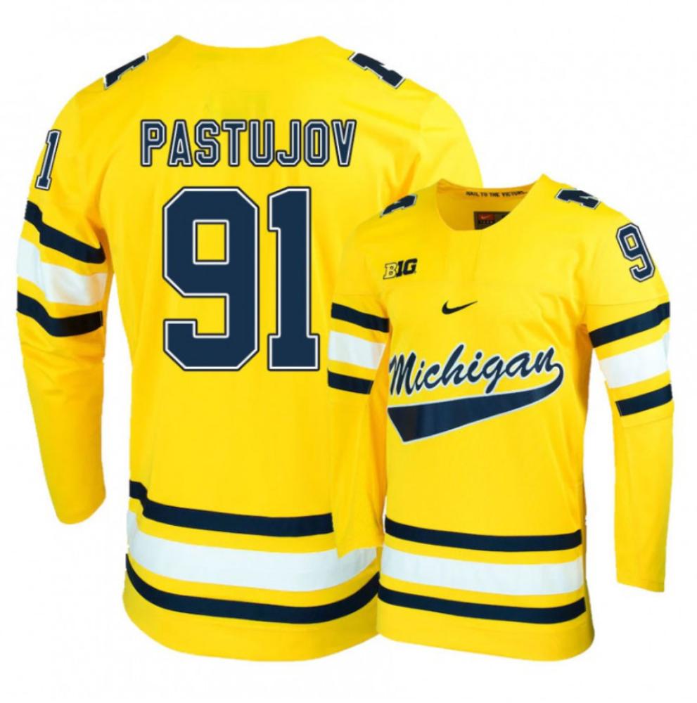 Men's Michigan Wolverines Nick Pastujov #91 College Hockey Stitched Gold Jersey